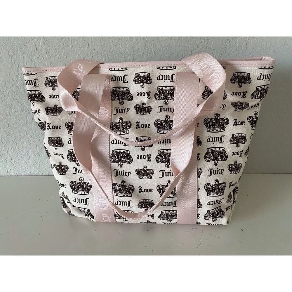 Juicy Couture Crown Juicy Festival Tote Bag Pink Cream Chocolate W/Plush Charm‎